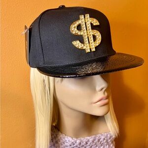 Black Snapback Hat with Gold Rhinestone Dollar Sign